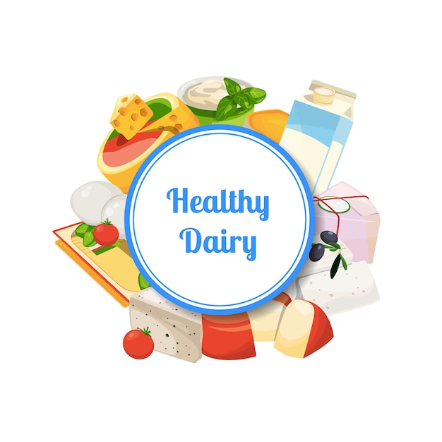 Vector cartoon dairy and cheese products with copyspace