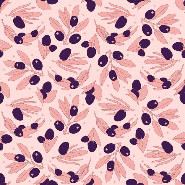 Cartoon dark olives seamless pattern with shine elements. Vector flat illustration