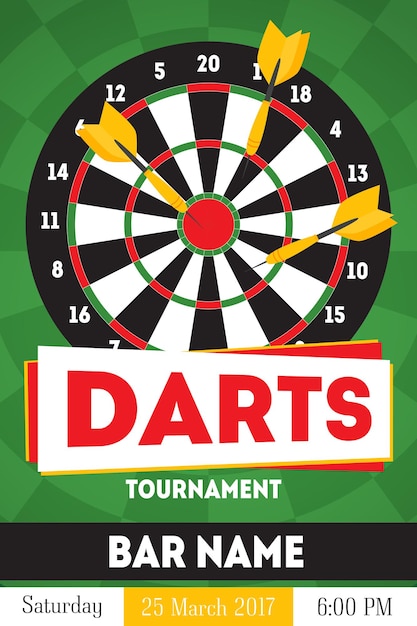 Cartoon darts toernooi poster, kaart voor bar met datum platte ontwerpstijl