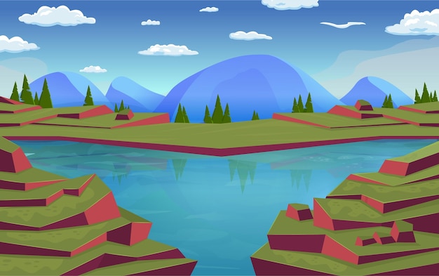 Vector cartoon day background with landscape area big water lake and mountains trees sky clouds vector