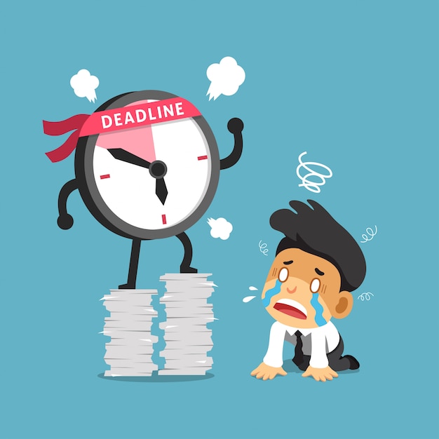 Cartoon deadline clock character and businessman