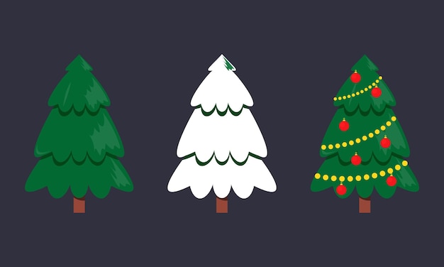 Cartoon Decorated Christmas Trees Collection with Balls Stars and Garland Fir Trees Illustration