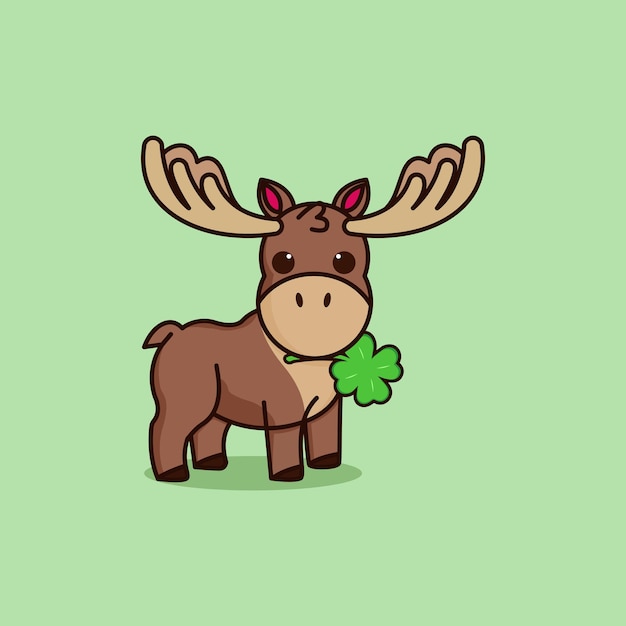 Cartoon Deer Biting Clover leaf cute illustration vector