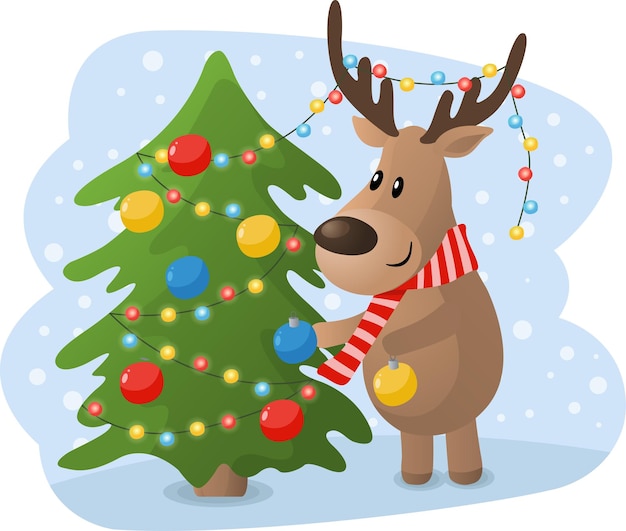 크리스마스 트리를 장식하는 만화 사슴. 플랫 만화 스타일의 귀여운 크리스마스 계절 삽화.