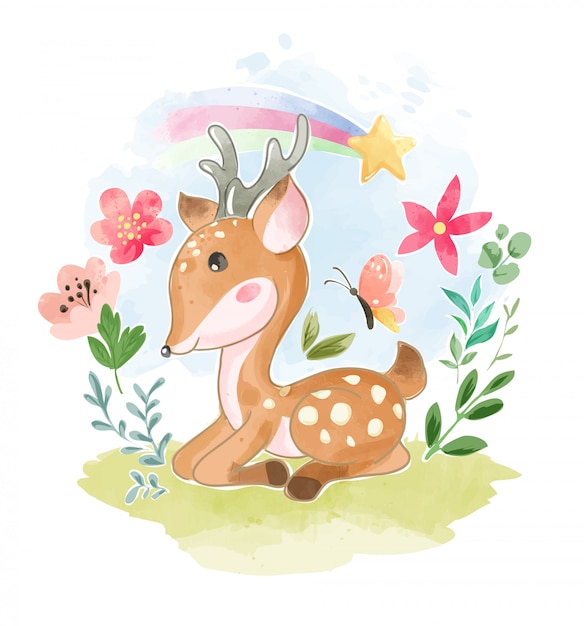 Cartoon deer sitting in the flower garden