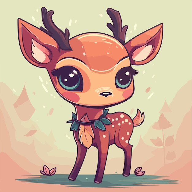A cartoon deer with big eyes and a pink ribbon around its neck