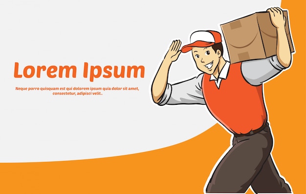 Vector cartoon delivery man in orange uniform banner