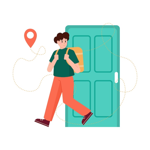 Cartoon delivery man walks food to customer checking route online process of delivering parcels to different locations express delivery services to home or office vector