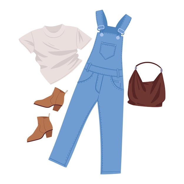 Cartoon denim overall outfit casual clothing with denim overalls tshirt and accessories flat vector illustration