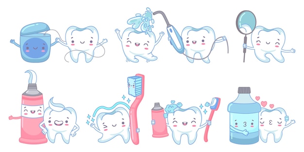 벡터 만화 치과 치료. 치약과 칫솔로 치아 청소. 치아 마스코트 일러스트 세트로 치과 워터 제트, 치실 및 입 린스.