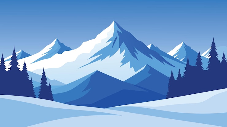 Vector cartoon depiction of a snowy mountain landscape featuring tall trees and a serene winter atmosphere flat vector illustration