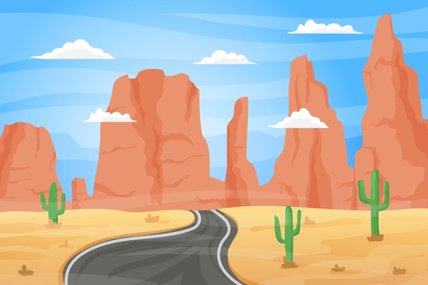 Cartone animato paesaggio desertico sfondo naturale con deserto di sabbia secca cactus e montagne illustrazione vettoriale di viaggi e avventure