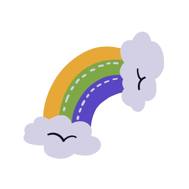 Cartoon design element Hand drawn raibow with clouds