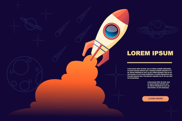 Cartoon design space ship launch with orange smoke greetings card design flat vector illustration on dark background.