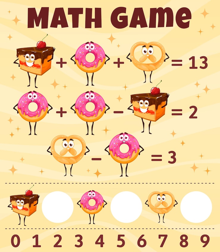 Vector cartoon dessert and bakery characters math game
