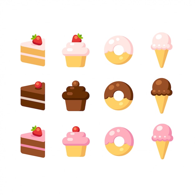 Cartoon dessert pictogramserie. Taart, cupcake, donut en ijs in verschillende smaken.