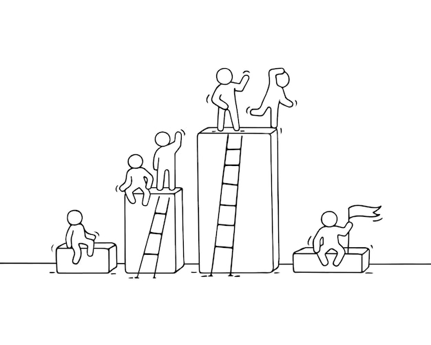 Cartoon diagramm with working little people. doodle cute miniature teamwork. hand drawn illustration for business design and infographic.