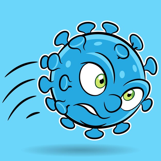 Vector cartoon die blauw coronavirus aanvalt op een blauwe achtergrond