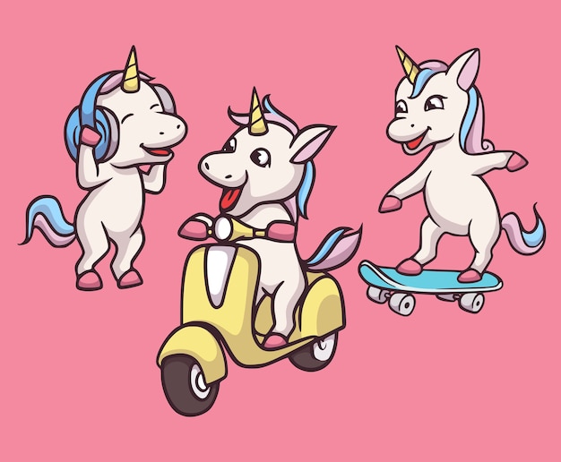 Cartoon dierenontwerp eenhoorns luisteren naar muziek, rijden motorfietsen en skateboards schattige mascotte illustratie