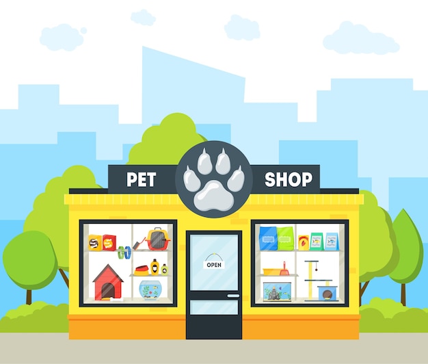 Cartoon dierenwinkel gebouw exterieur gevel huisdier winkel op een stedelijke straat. vector illustratie