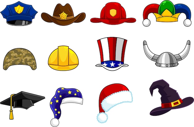 Vector cartoon different hat and helmet. vector hand drawn collection set isolated on white background