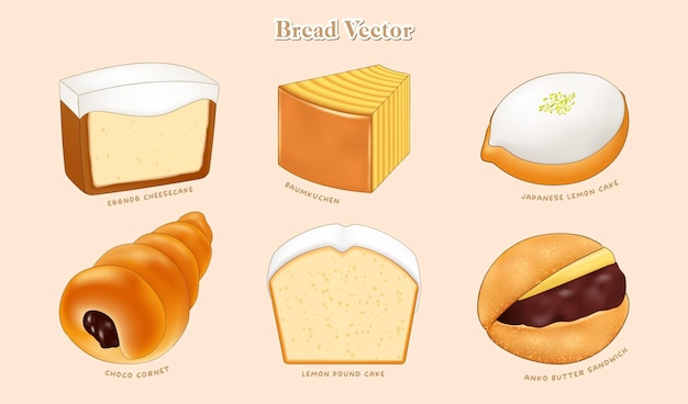 Vector a cartoon of different types of bread and pastry including cheesecake pound cake lemon cake