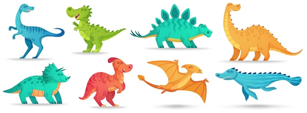 Cartoon dino. cute dinosaur, funny ancient brontosaurus and green triceratops.