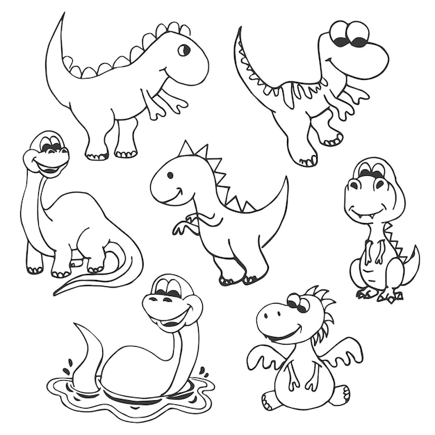 Cartoon Dino Hand Drawn Vector Illustration Objects Set