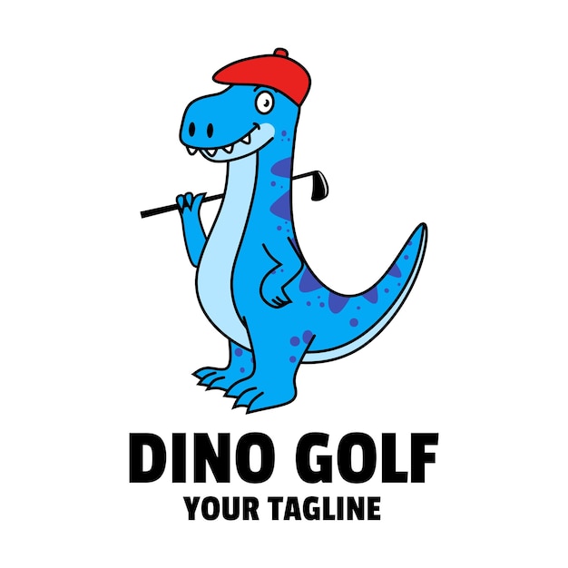 Cartoon dino che gioca a golf mascotte logo design