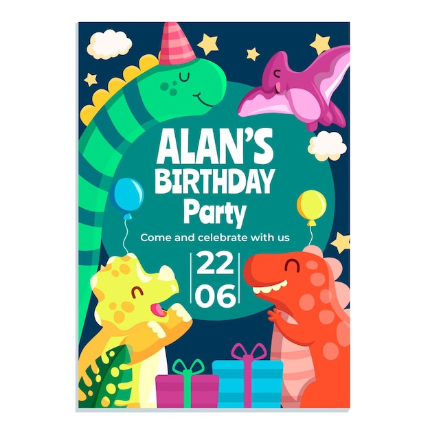 Vector cartoon dinosaur birthday invitation