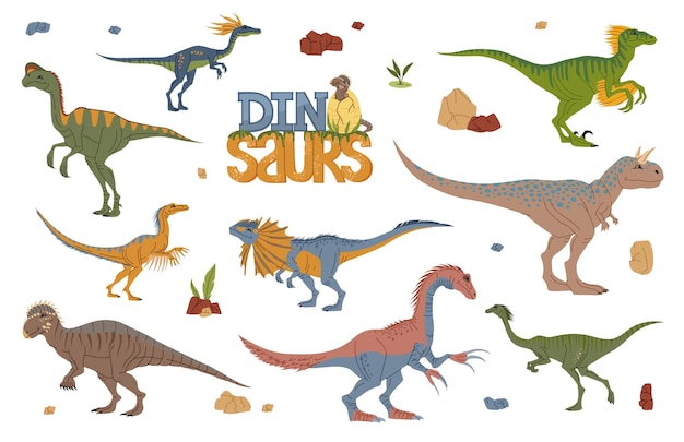 Vector cartoon dinosaur characters, baby dino, egg, stone