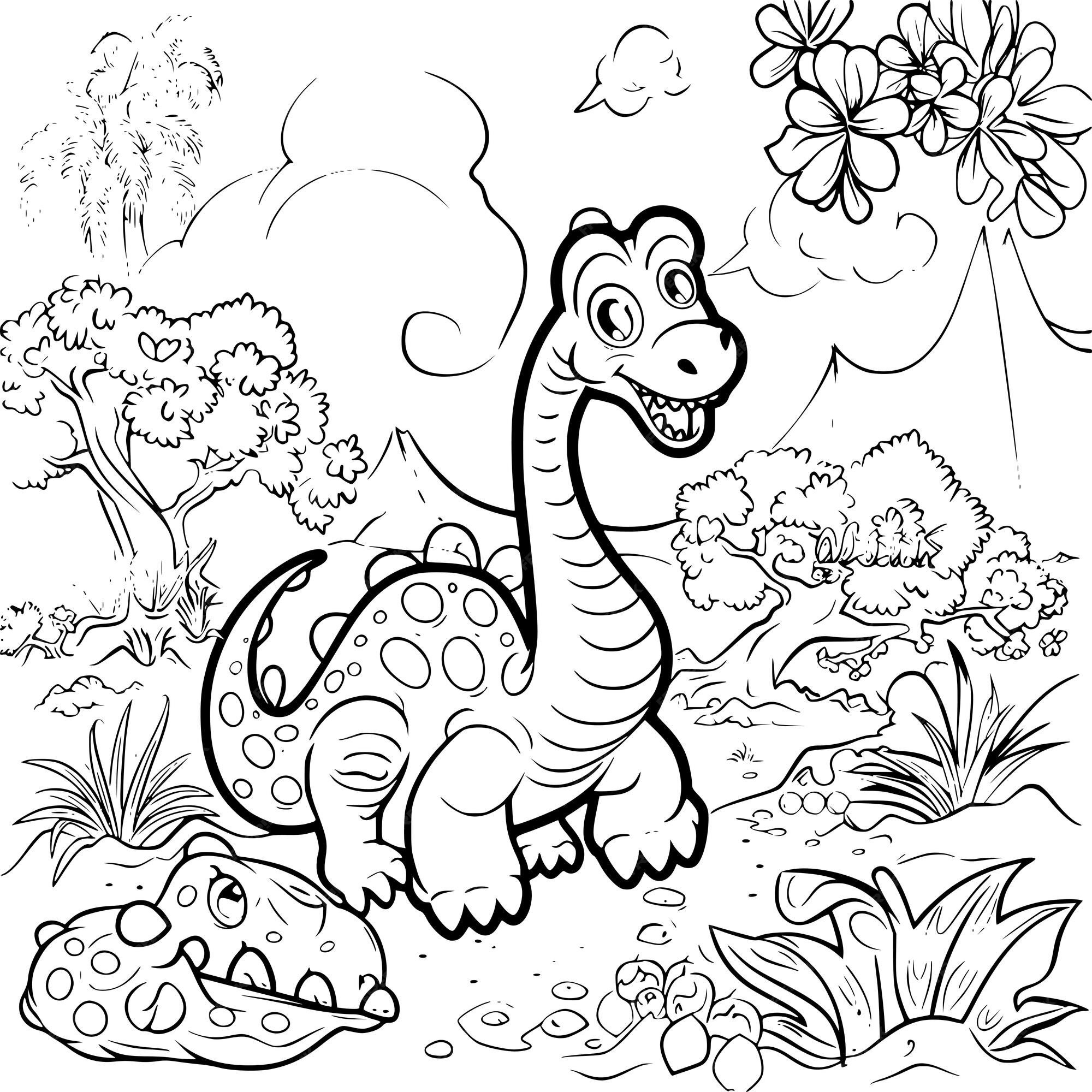 Cartoon dinosaur coloring page with jungle Premium AIgenerated vector