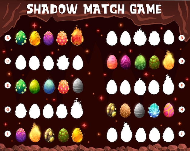 Cartoon dinosaur eggs in cave shadow match game