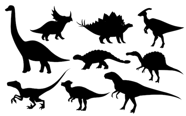 Мультяшный динозавр устанавливает черный силуэт хищников и травоядных животных