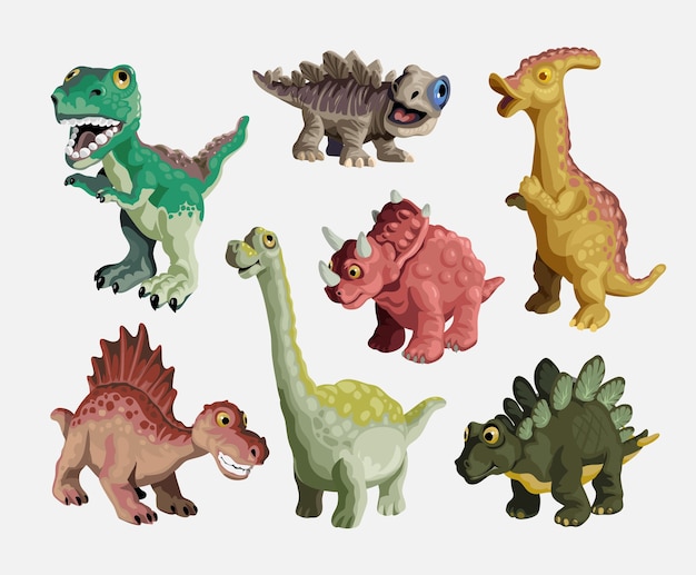 漫画の恐竜セット。かわいい恐竜の子供のプラスチックのおもちゃのコレクション。着色された捕食者と草食動物。白い背景で隔離のイラスト。