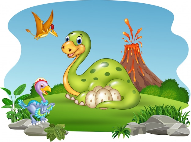 Мультяшный динозавр с яйцами в джунглях
