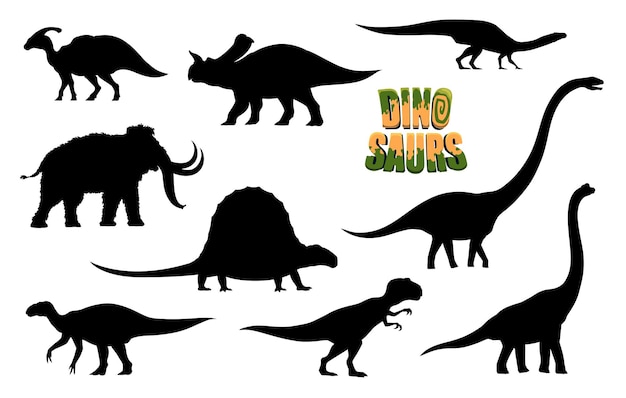 Vector cartoon dinosaurs animals characters silhouettes