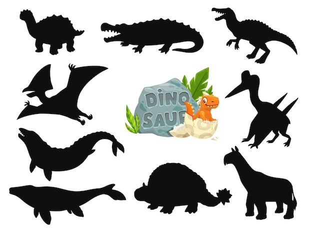 Vector cartoon dinosaurs cute characters silhouettes