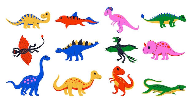 Cartoon dinosaurs cute doodle jurassic lizard colourful prehistoric reptiles vector ancient predators and herbivores vector isolated set illustrations colorful cute dinosaurs