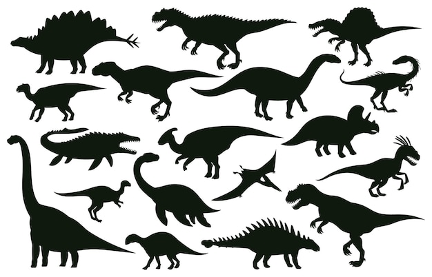 Vector cartoon dinosaurs, jurassic extinct dino raptors silhouettes. jurassic extinct reptiles, ancient raptor monsters vector illustration set. dinosaurs silhouettes tyrannosaurus jurassic time