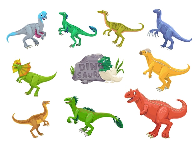 Cartoon dinosaurs reptiles cheerful characters