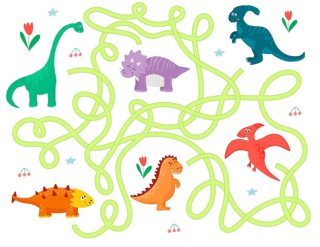 Мультфильм динозавров вектор лабиринт лабиринт игра или дети загадки логическая игра-головоломка или образовательная викторина работа