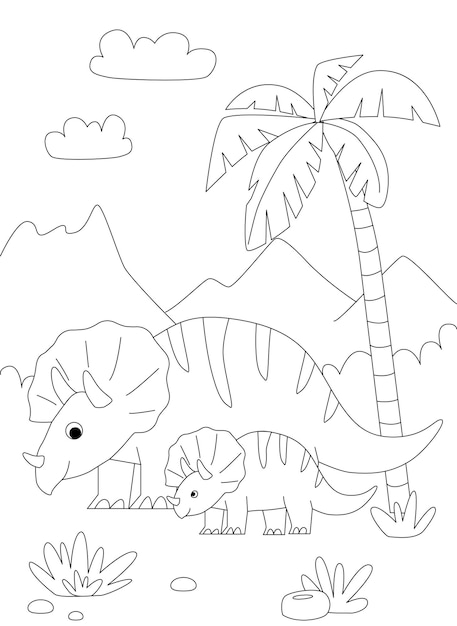 Cartoon dinosaurus Triceratops en kleine dino Zwart-wit vectorillustratie voor kleurboek