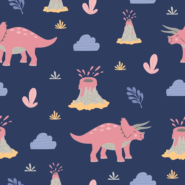 Cartoon dinosaurus triceratops tussen tropische planten, wolken en een uitbarstende vulkaan. naadloze patroon voor kind. kleurrijke schattige objecten geïsoleerd op blauwe achtergrond. hand getekend platte vectorillustratie.
