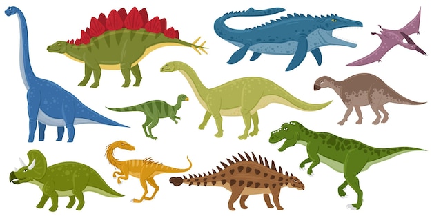 Cartoon dinosaurussen, ankylosaurus, brontosaurus, stegosaurus uitgestorven roofvogels. pterodactylus en tyrannosaurus jurassic reptielen vector illustratie set. jurassic uitgestorven monsters