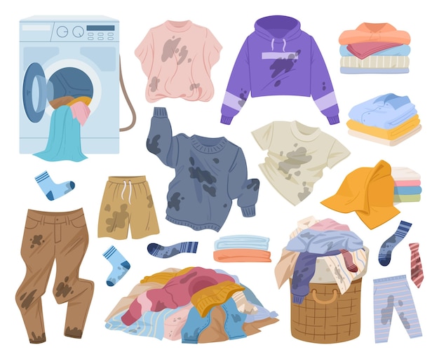 Cartoon dirty clothes Wrinkled stained clothes laundry basket and stack of clean clothing flat vector illustration collection Laundry apparel set