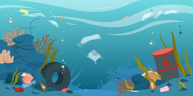 Вектор Мультяшный грязный подводный пейзаж с загрязненной пластиковой бутылкой и бумажной упаковкой