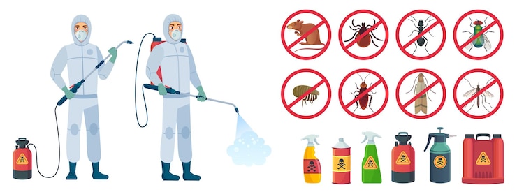 Vector cartoon disinfector. disinfectors characters in protective suits with poison spray bottle. illustration set. pest control, insect, chemical poison equipment