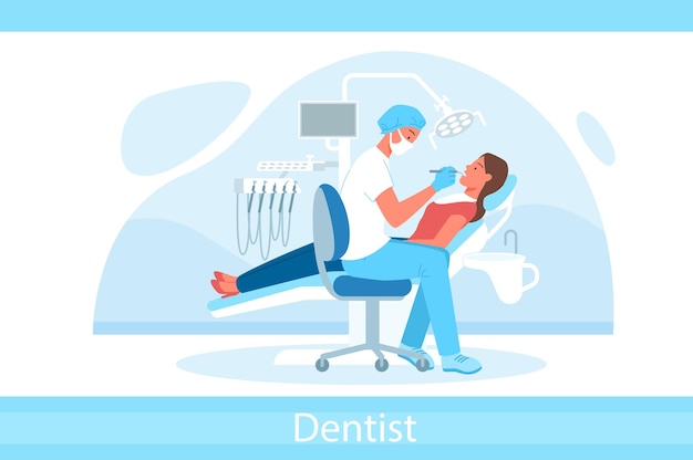 Cartoon doctor dentist character in mask holding dental instrument and examining patient teeth