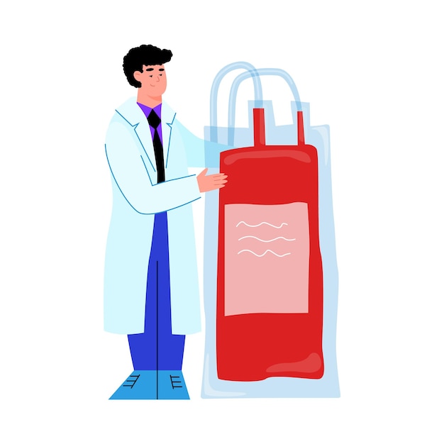 Vector cartoon doctor holding blood transfusion bag from donor donation